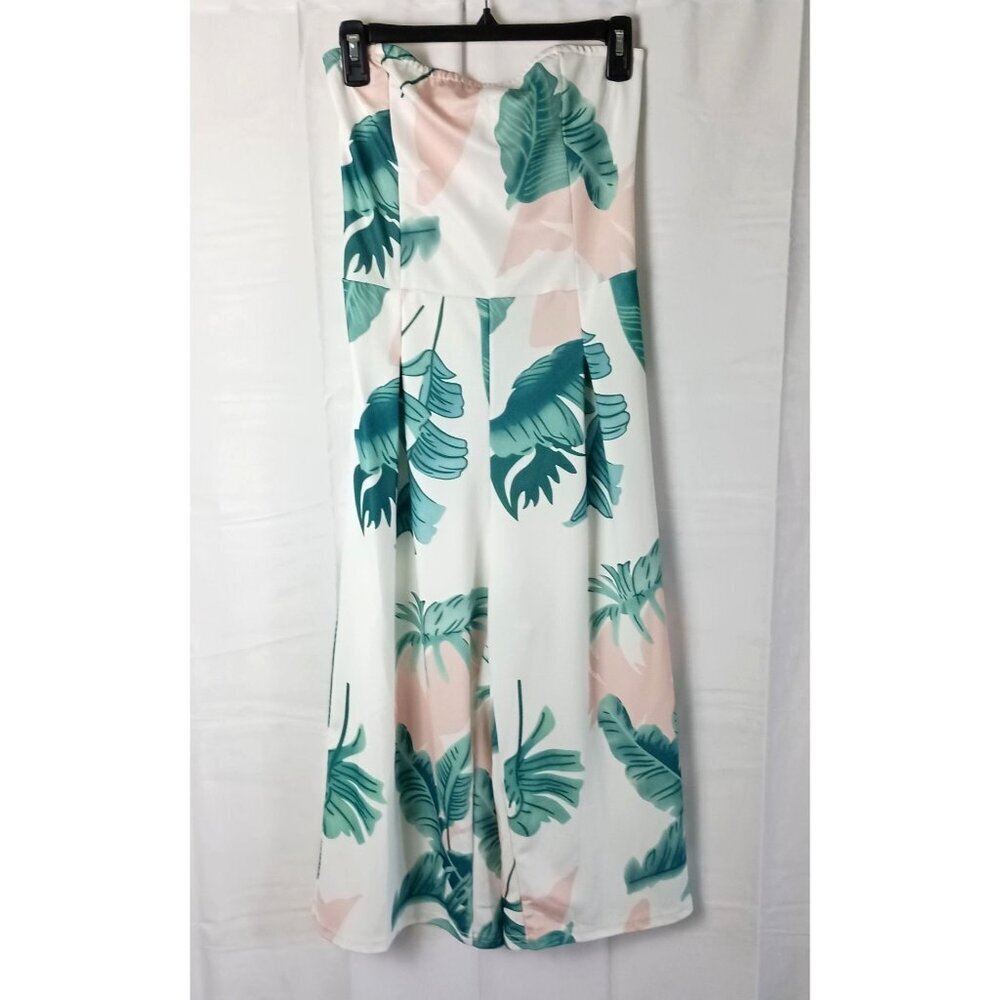 Strapless Leaf Print Jumpsuit M Smocked Back Cropped NWOT Casual Chic - Picture 2 of 8